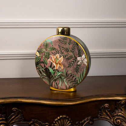 Round ceramic jar featuring detailed multicolor floral artwork displayed on a wooden console table adding vibrant decorative charm for stylish living room decor.