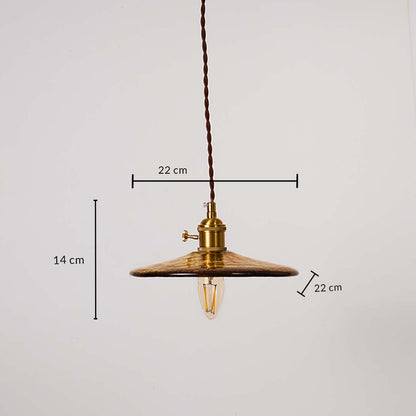 Antique brass pendant light on white background showing height 14 cm and width 22 cm suitable for kitchen counters dining and cafe areas.