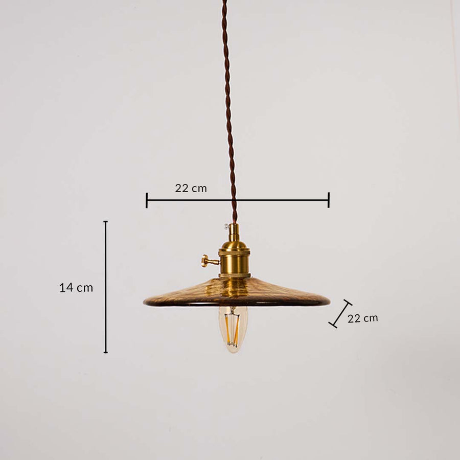 Antique brass pendant light on white background showing height 14 cm and width 22 cm suitable for kitchen counters dining and cafe areas.