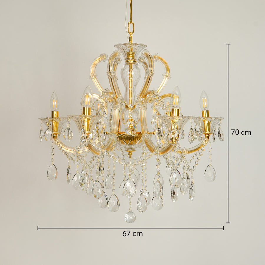 Dimension image of gold metal candle style chandelier for modern dining room decor styling with precise size measurement.