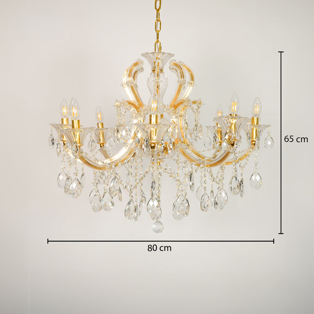 Dimension image of large gold metal candle style chandelier for modern dining room decor styling with precise size measurement.