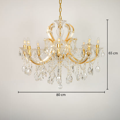 Dimension image of large gold metal candle style chandelier for modern dining room decor styling with precise size measurement.
