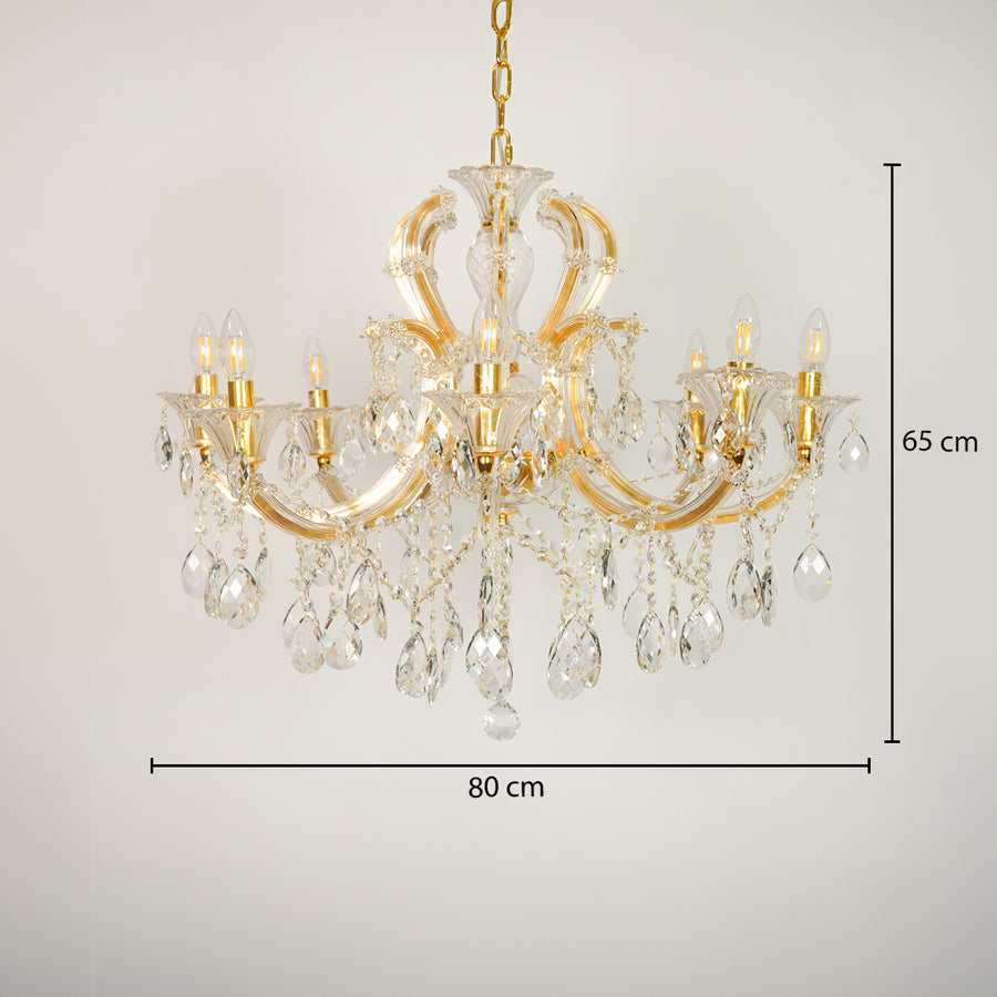 Dimension image of large gold metal candle style chandelier for modern dining room decor styling with precise size measurement.