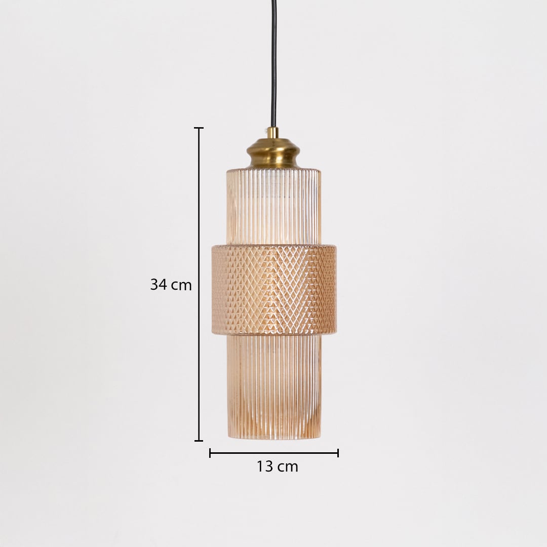 Pendant light with ribbed glass shade and brass top shown with 34 cm height and 13 cm width size dimensions.