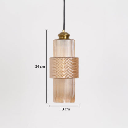 Pendant light with ribbed glass shade and brass top shown with 34 cm height and 13 cm width size dimensions.