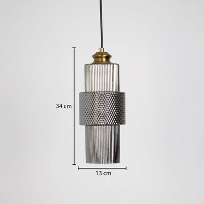 Pendant light with ribbed glass and brass finish shown with 34 cm height and 13 cm width size dimensions.