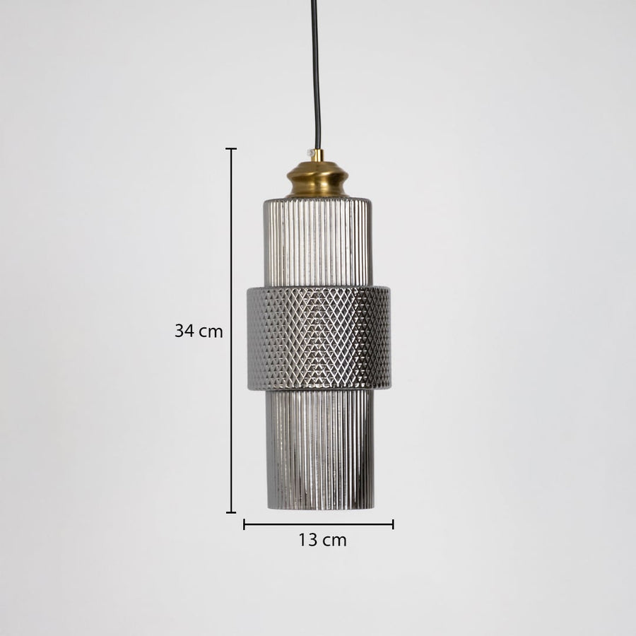 Pendant light with ribbed glass and brass finish shown with 34 cm height and 13 cm width size dimensions.
