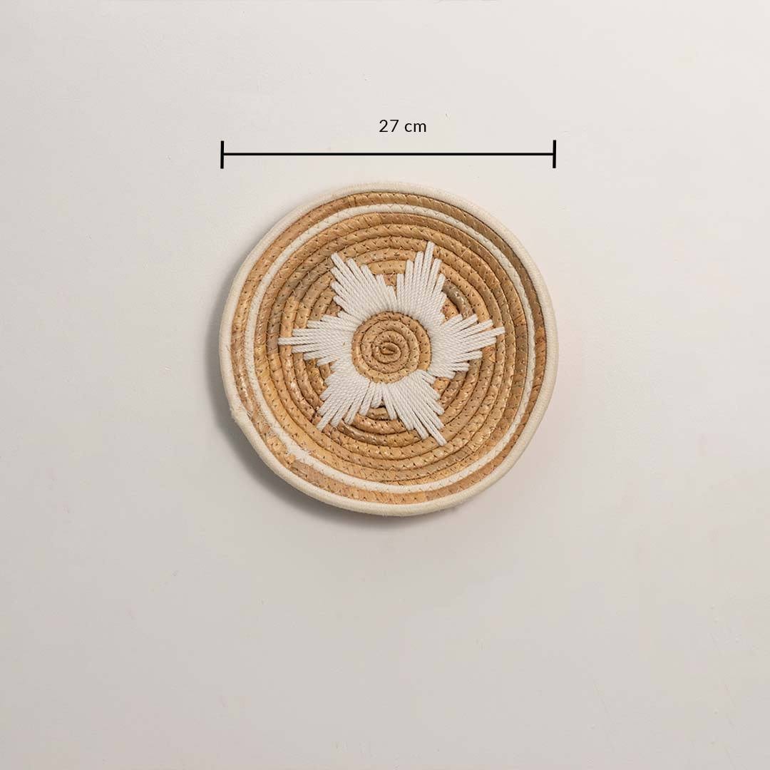 Dimension image of round natural seagrass sunburst wall basket for living room and boho wall décor display.