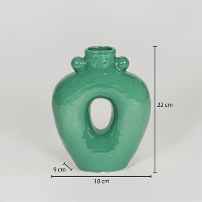 Green ceramic decorative vase size 22 cm height 18 cm length modern textured flower vase dimension reference image.