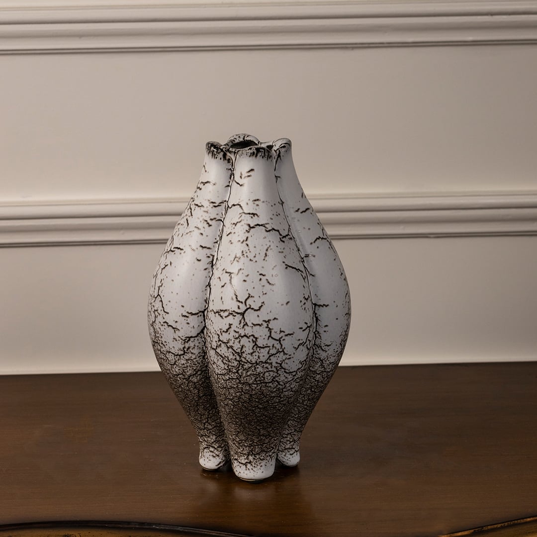 Crackle glazed ceramic vase displayed on white background highlighting its artistic texture and organic shape.