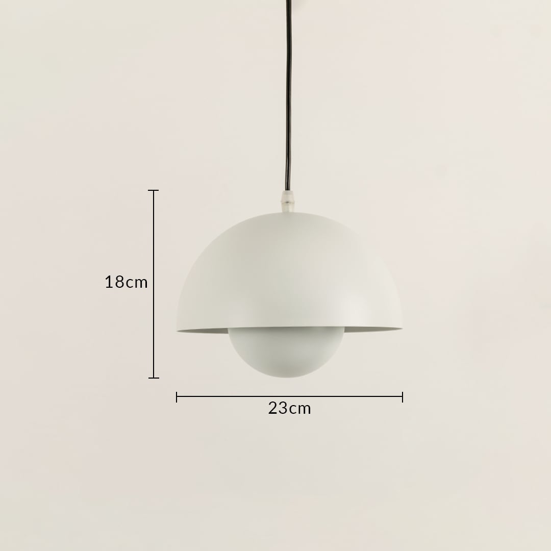 White dome pendant light with 18 cm height and 23 cm width shown on neutral background highlighting its balanced curved design.