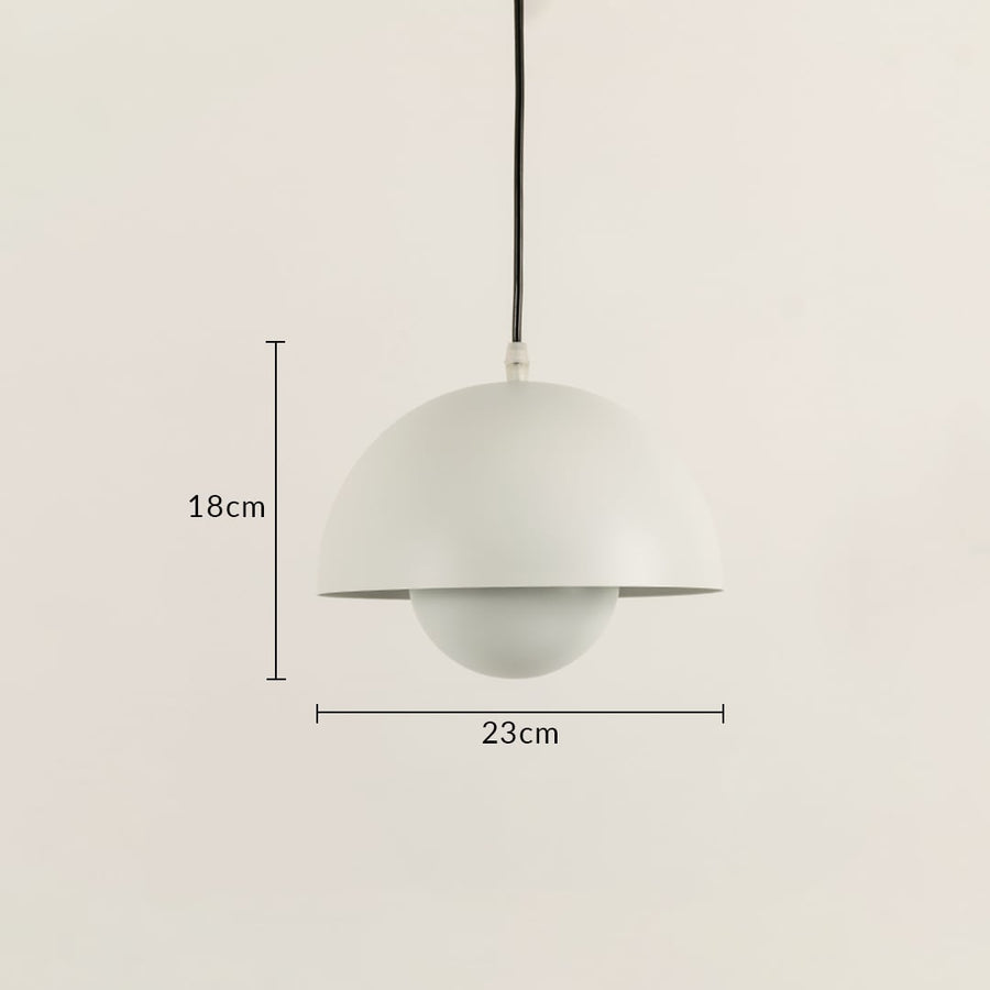 White dome pendant light with 18 cm height and 23 cm width shown on neutral background highlighting its balanced curved design.