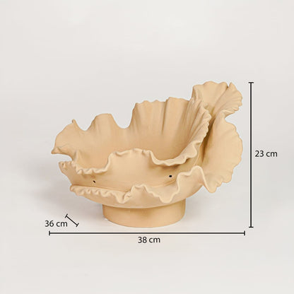 Beige ceramic ruffled decorative bowl measuring 23 cm height 38 cm width and 36 cm depth ideal for elegant table decor styling.