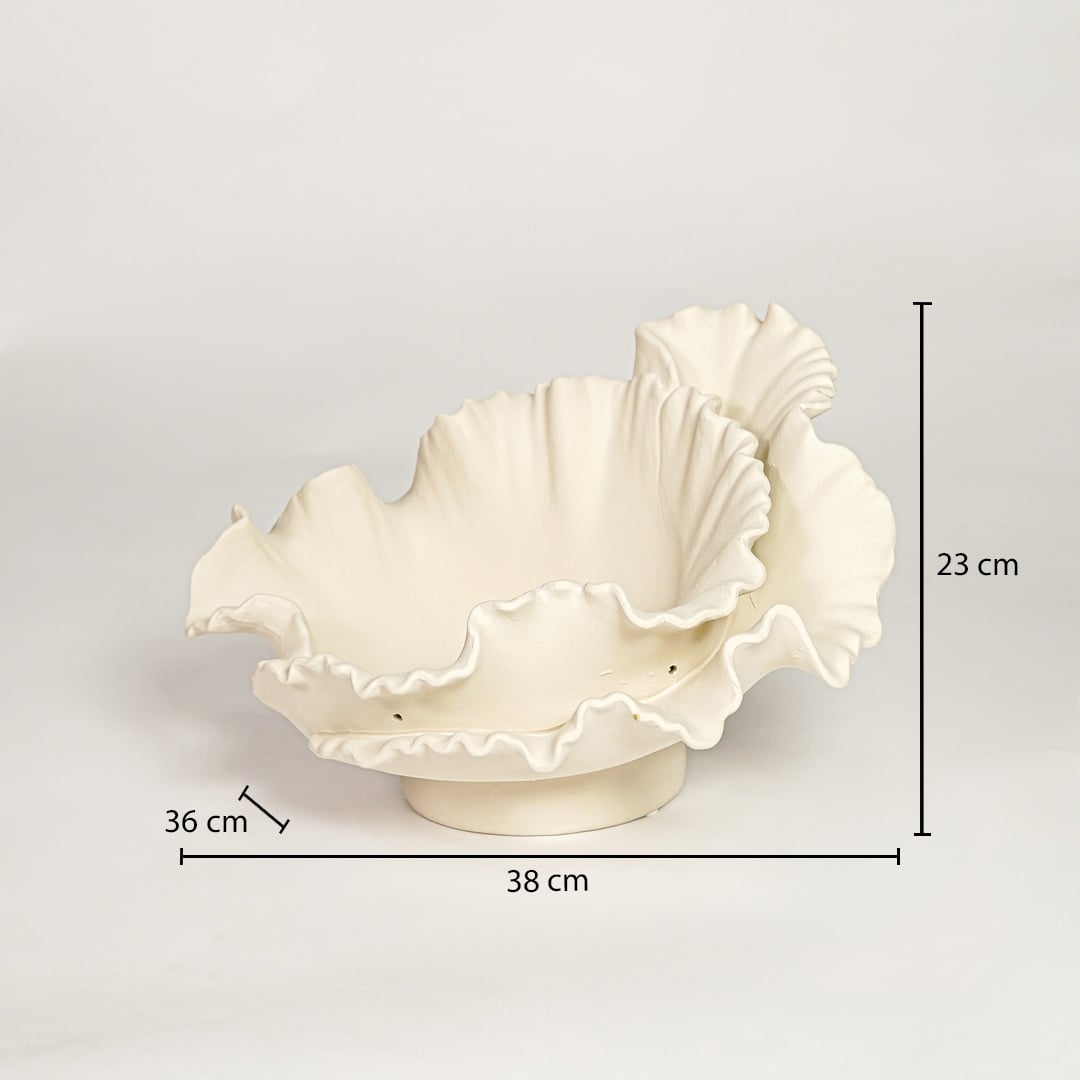 White ceramic ruffled decorative bowl measuring 23 cm height 38 cm width and 36 cm depth perfect for tabletop styling.