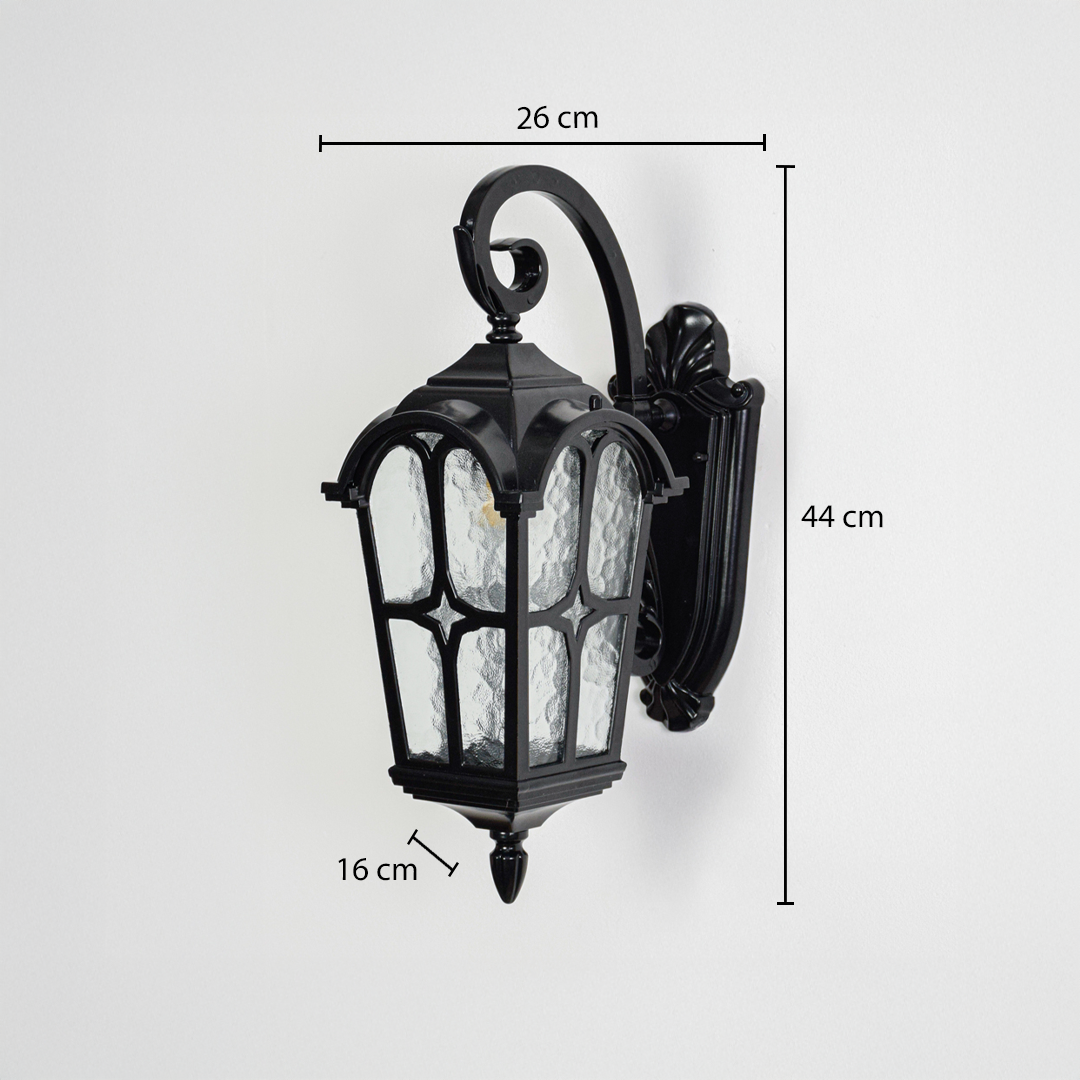 Black outdoor wall lantern with 44 cm height 26 cm width and 16 cm depth measurements for accurate exterior wall installation.