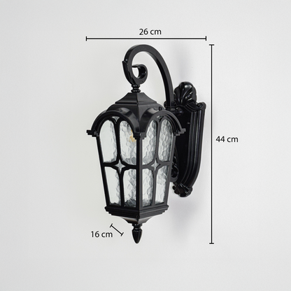 Black outdoor wall lantern with 44 cm height 26 cm width and 16 cm depth measurements for accurate exterior wall installation.