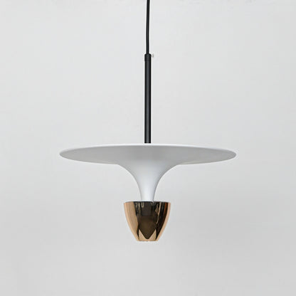 Minimal white pendant light with gold metallic accent suspended for stylish dining room decor inspiration.