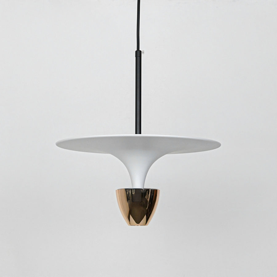 Minimal white pendant light with gold metallic accent suspended for stylish dining room decor inspiration.