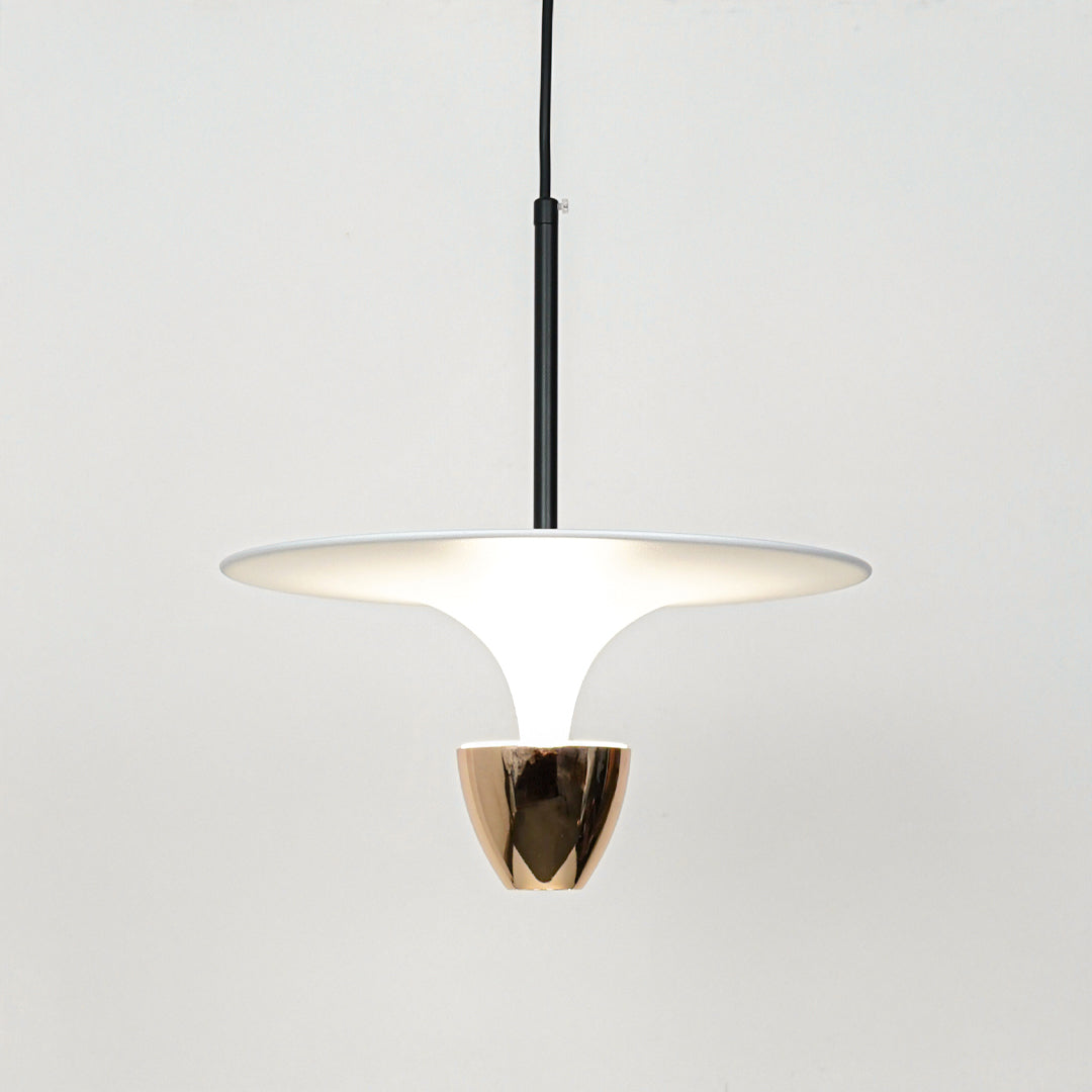 Modern white pendant light with gold metallic accent for elegant dining room and luxury interior decor styling.