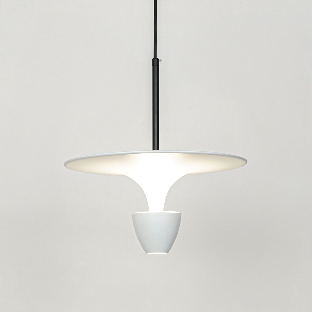Modern white pendant light suspended on white background for stylish dining room and luxury interior decor styling.