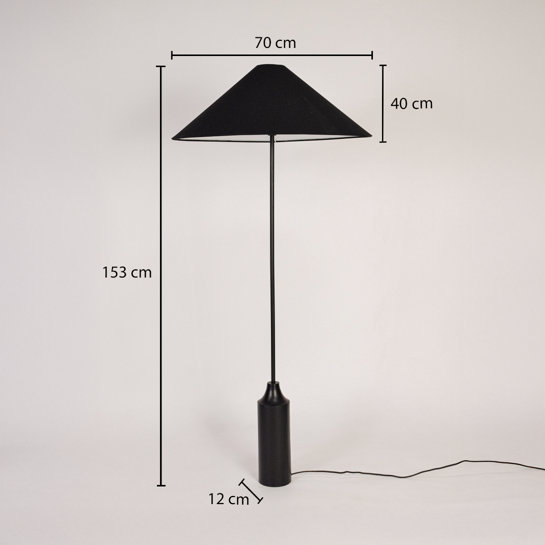 Floor lamp dimensions image showing total height shade width base size and clear measurements for accurate placement planning.