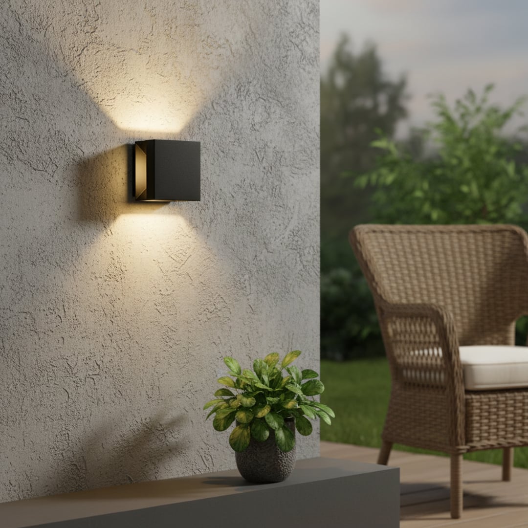 Modern black square outdoor up down wall light casting architectural glow on grey stucco wall near wicker chair and plant.