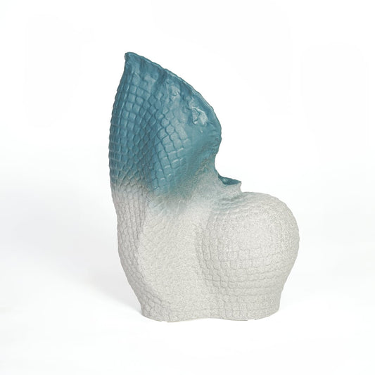 Contemporary blue and white ceramic statement sculpture for minimalist living room decor styling.