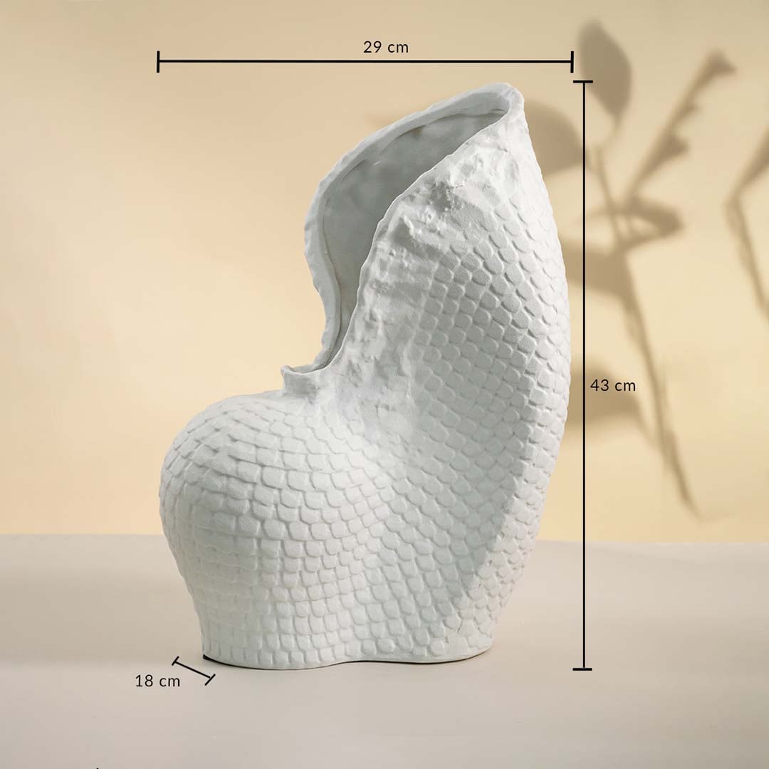 White textured ceramic vase on white background showing height 43 cm width 29 cm and base 18 cm perfect for living room decor.