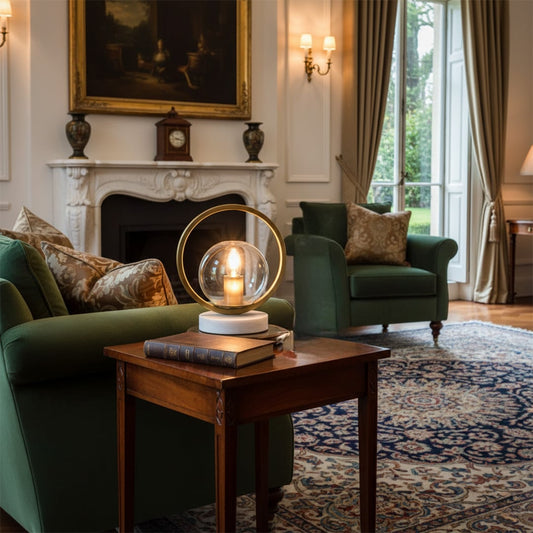 Sleek glass globe table lamp with golden ring and marble foundation providing soft illumination and timeless style to contemporary decor.