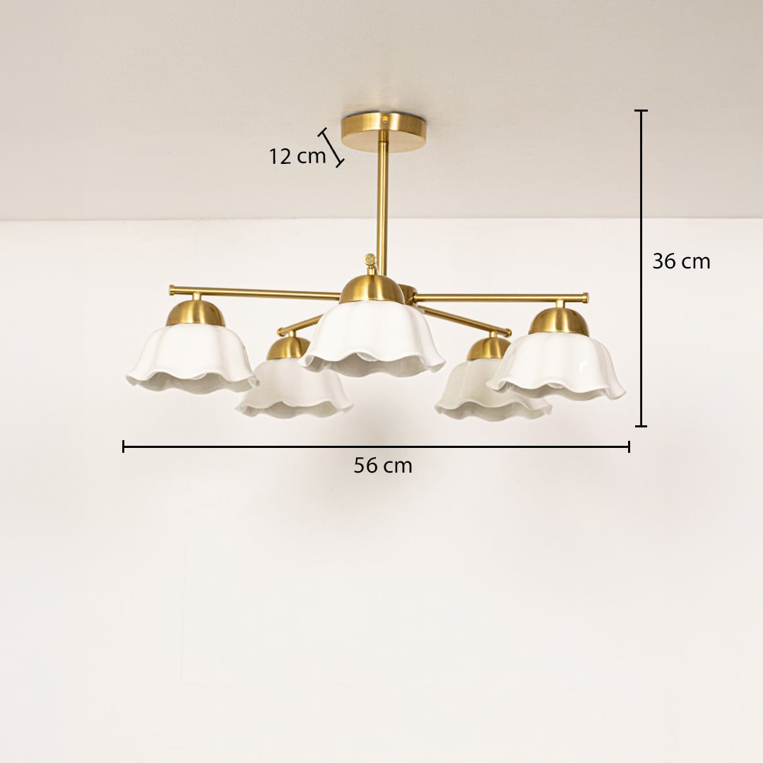 Metal ceiling light with sculpted white shades shown with detailed  measurements of 36 cm width 56 cm height and 12 cm ceiling plate for accurate placement.