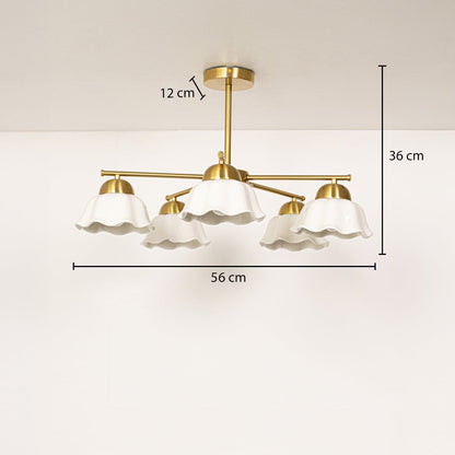 Metal ceiling light with sculpted white shades shown with detailed  measurements of 36 cm width 56 cm height and 12 cm ceiling plate for accurate placement.