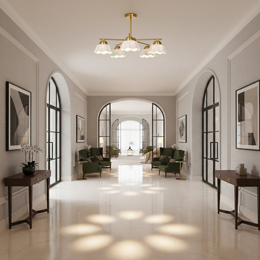 Elegant metal ceiling light with white flower shaped shades illuminating a modern hallway and enhancing the warm luxury home interior decor.