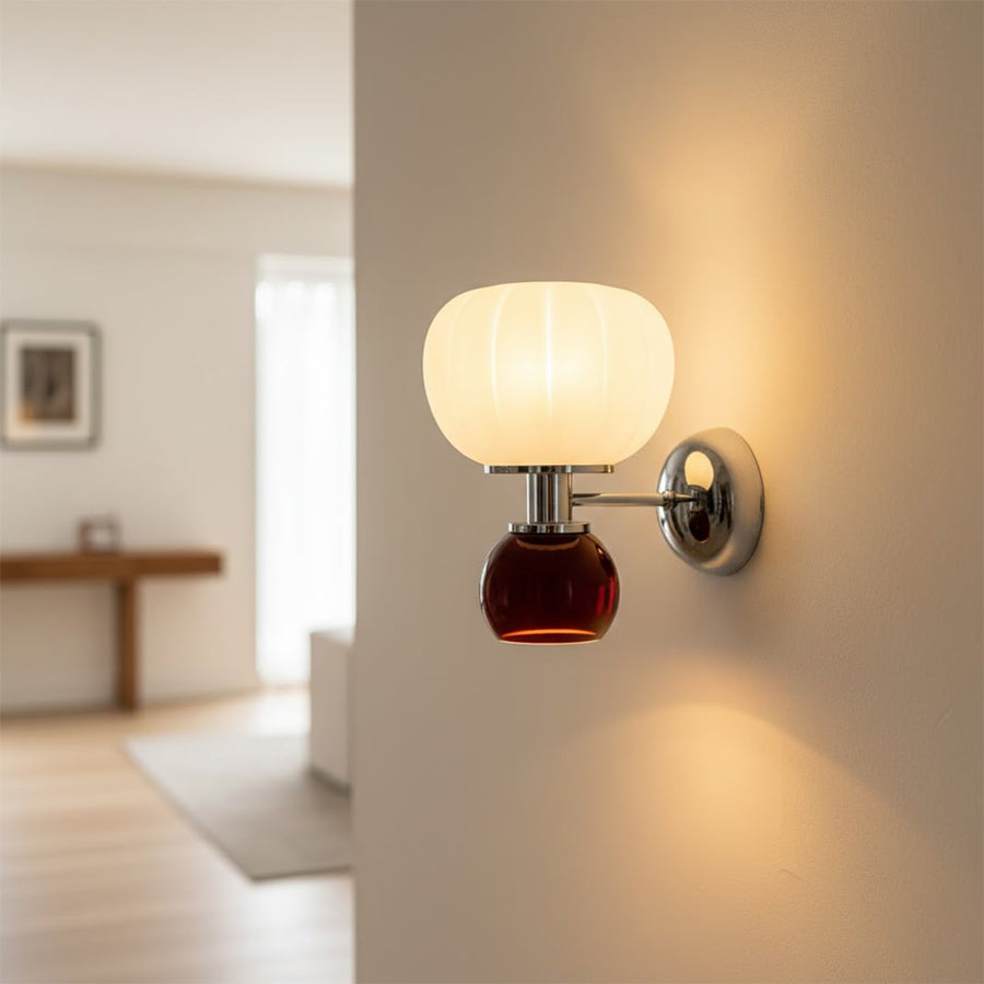 Modern white and red glass wall light for stylish hallway and contemporary home decor spaces.