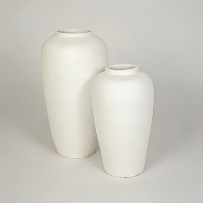 White background image of white ceramic vase set for modern floor decor styling with textured matte finish.