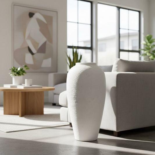 White textured floor vase placed beside sofa for elegant contemporary living room decor styling.