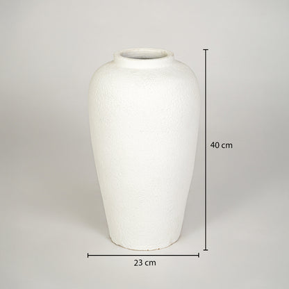 Dimension image of white ceramic floor vase measuring 40 cm for modern home decor with textured finish.
