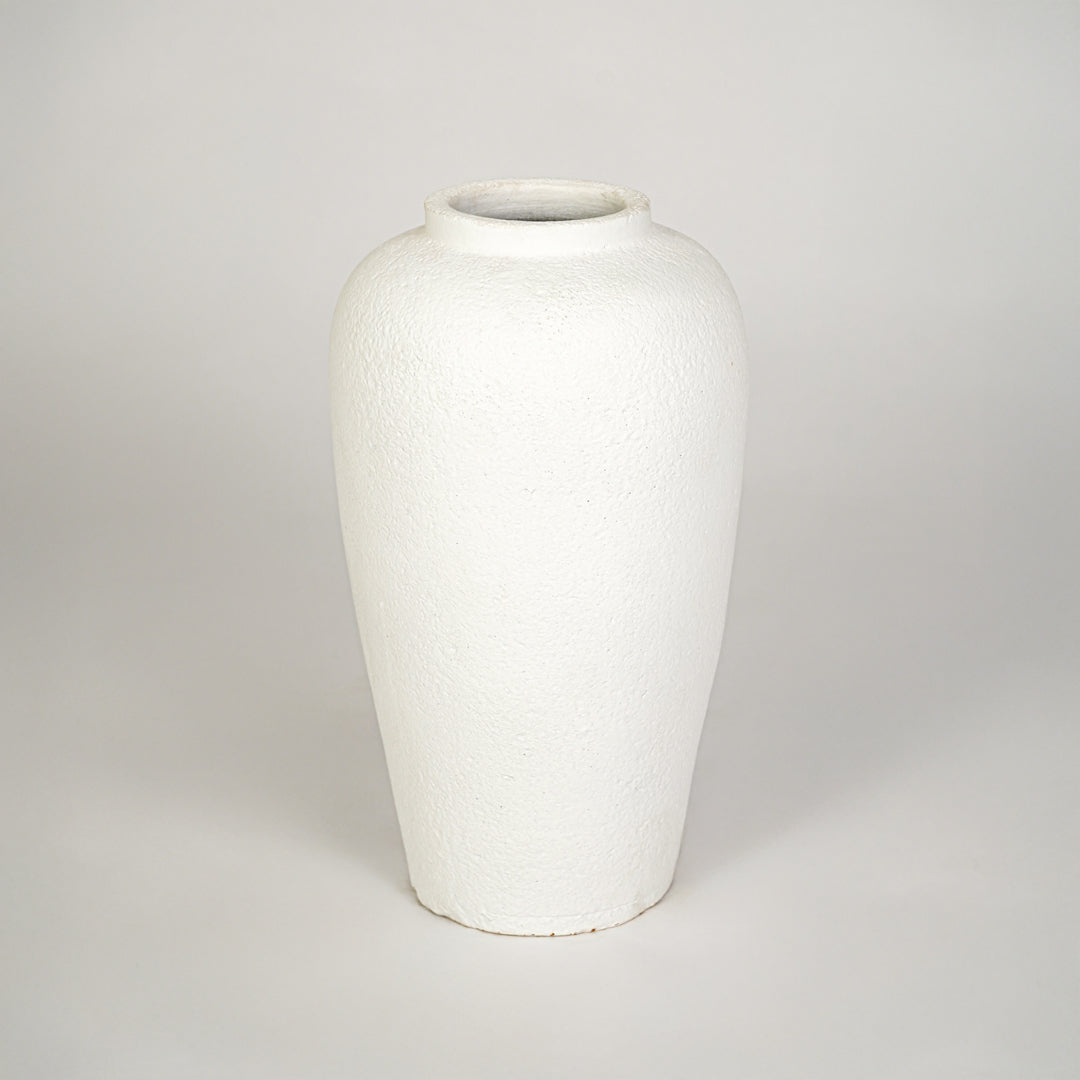 White background image of white ceramic decorative vase for modern interior decor styling with matte finish.