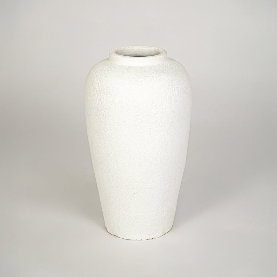 White background image of white ceramic decorative vase for modern interior decor styling with matte finish.