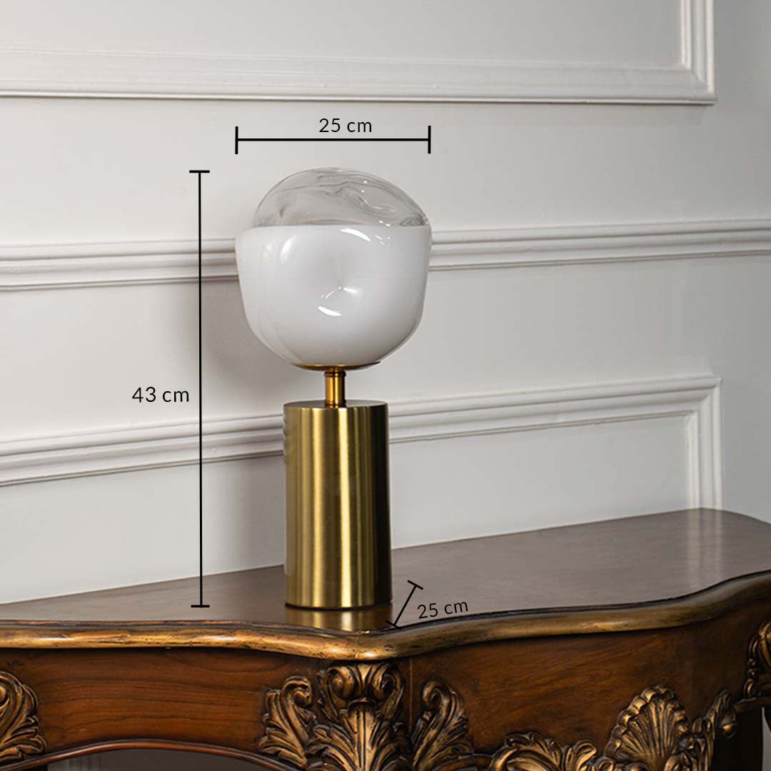 White glass table lamp with brass metal base measuring 43 cm height and 25 cm width for modern table lighting.