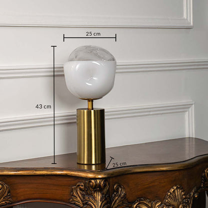 White glass table lamp with brass metal base measuring 43 cm height and 25 cm width for modern table lighting.