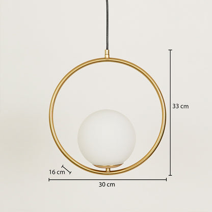 Modern gold ring pendant light measuring 35 cm height 30 cm width and 16 cm depth on white background.