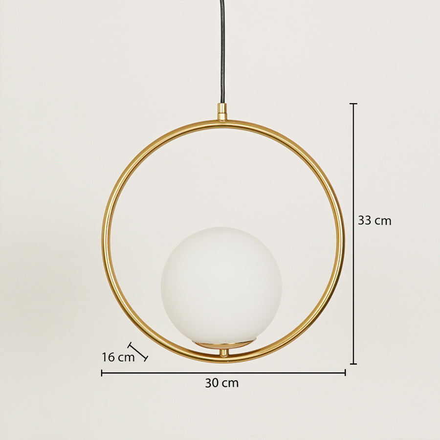 Modern gold ring pendant light measuring 35 cm height 30 cm width and 16 cm depth on white background.