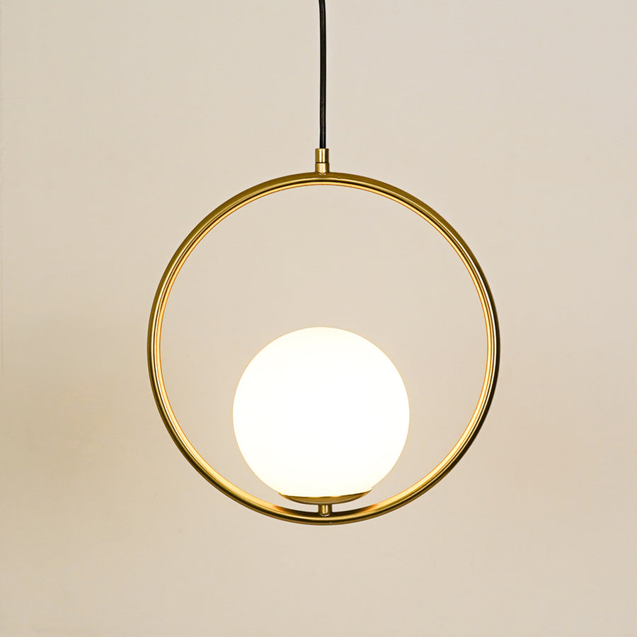 Gold metal ring pendant light with opal glass globe for modern interiors on white background image.