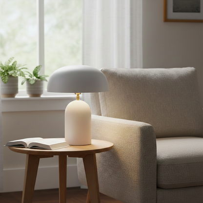 Table lamp styled on wooden side table beside soft armchair creating cozy ambient glow with white dome shade and smooth base for relaxed reading corners.