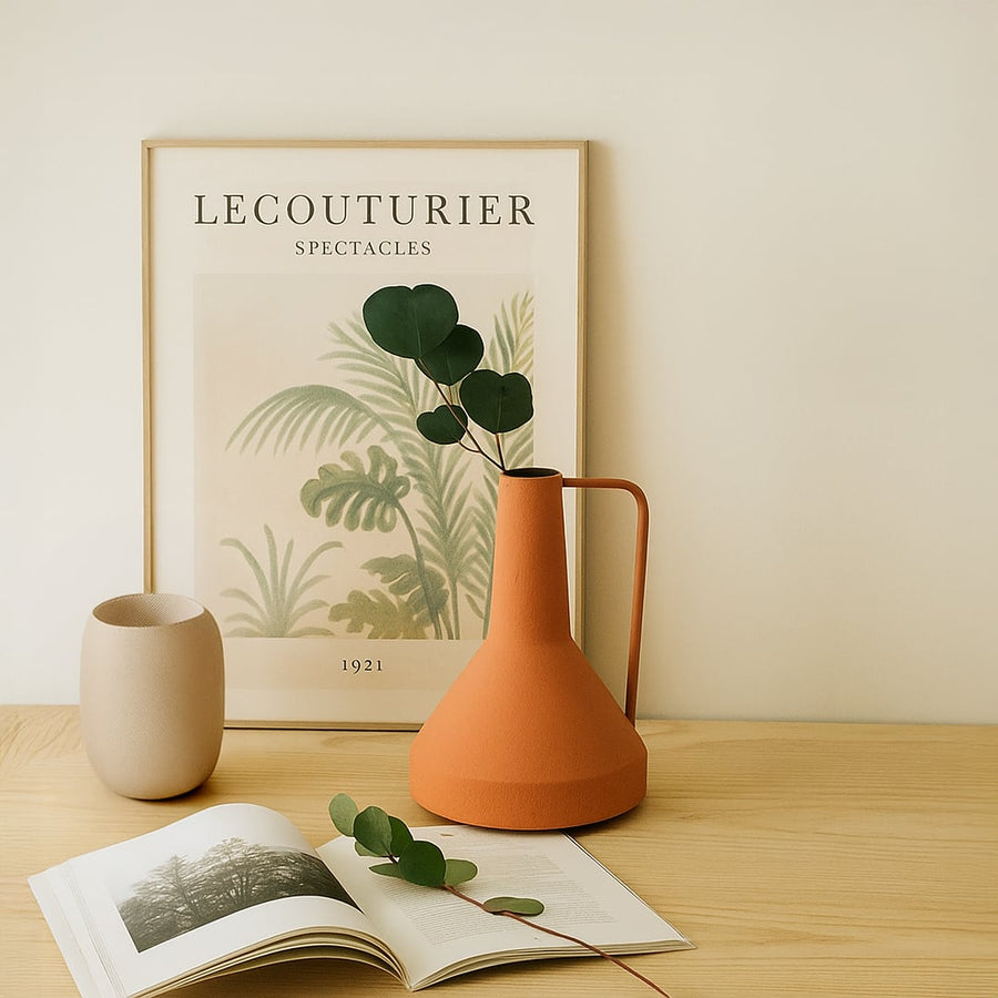 Terracotta ceramic pitcher with handle displayed alongside cream pottery bowl and botanical art print on light wooden surface home decor styling.