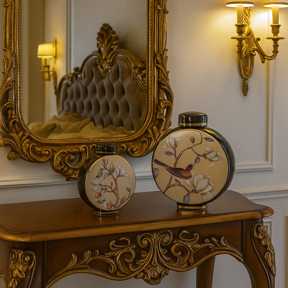 Pair of round jars with bird artwork in an angled view perfect for artistic décor styling and classic console arrangement.