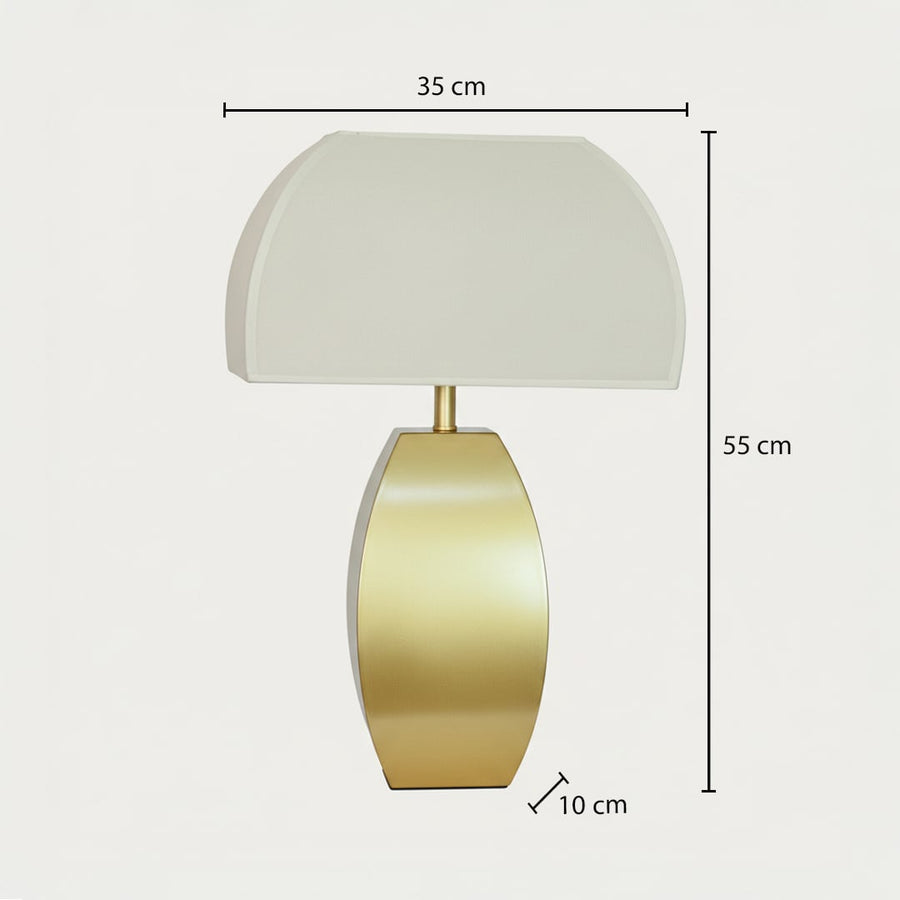 Gold metal table lamp showing 55 cm height 35 cm shade width and 10 cm base size ideal for bedside placement.