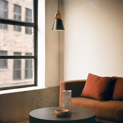 Modern metal pendant light with black shade and round metal accent creating focused warm illumination ideal for contemporary interior home decor styling.