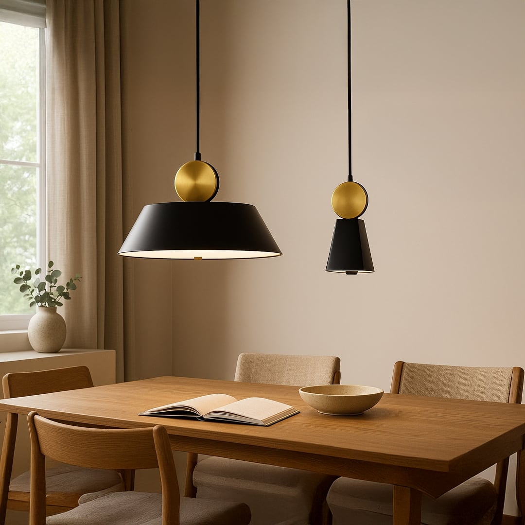 Modern pendant light showcased in a clean lifestyle setting with a matte black tapered shade and a brushed gold sphere accent on top.