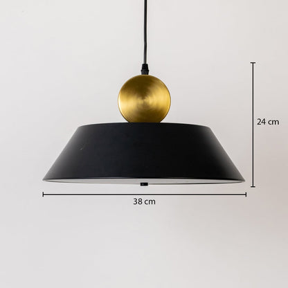 Black metal pendant light with gold sphere detail shown with 38 cm width and 24 cm height highlighting modern minimalist ceiling design.
